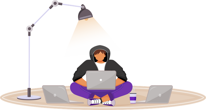Young man in hoodie with several laptops Illustration