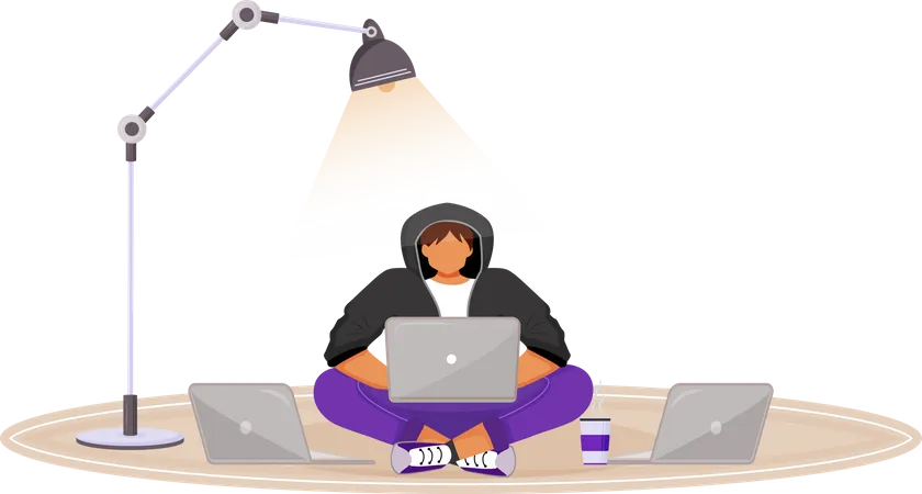 Young man in hoodie with several laptops  Illustration