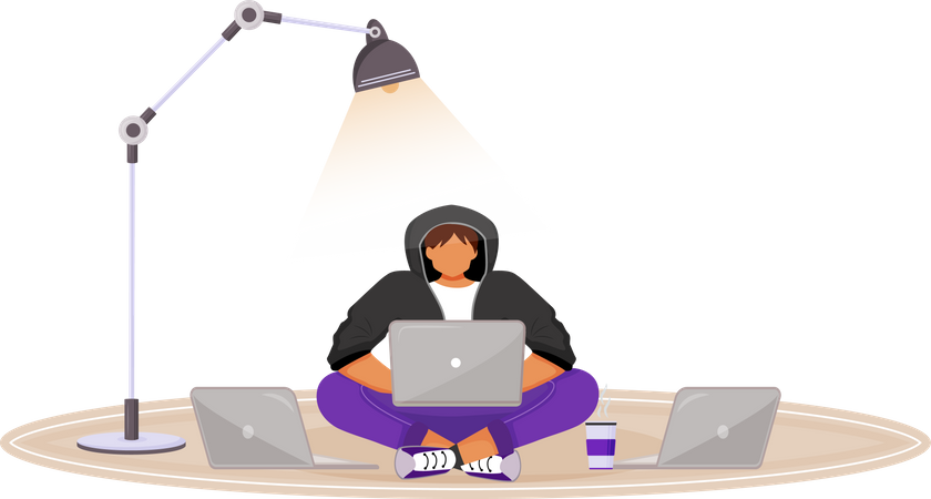Young man in hoodie with several laptops  일러스트레이션