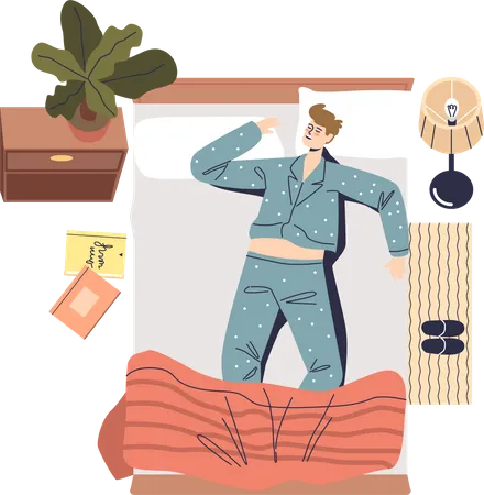 Young man in pajama sleeping in bed in comfortable position  Illustration