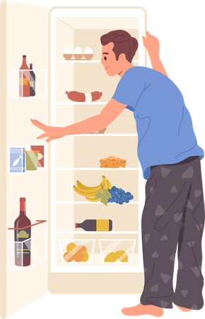 Young man in pajamas searching for night snack looking at opened refrigerator  Illustration