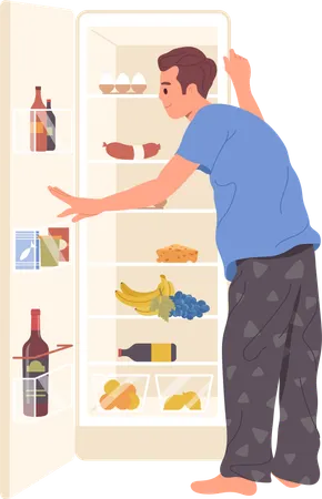 Young Man Cartoon Character Wearing Pajamas Searching For Night Snack Looking At Opened Refrigerator Isolated On White Background Male Hanger Seeking Food Before Bedtime Vector Illustration Illustration