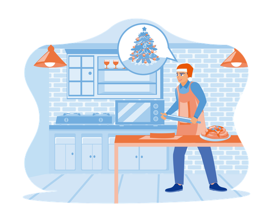Young man in Santa hat cooking in home kitchen  Illustration