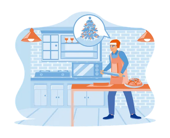 Young man in Santa hat cooking in home kitchen  Illustration