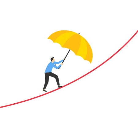 Young man in suit is walking on rope with an umbrella in his hand  Illustration