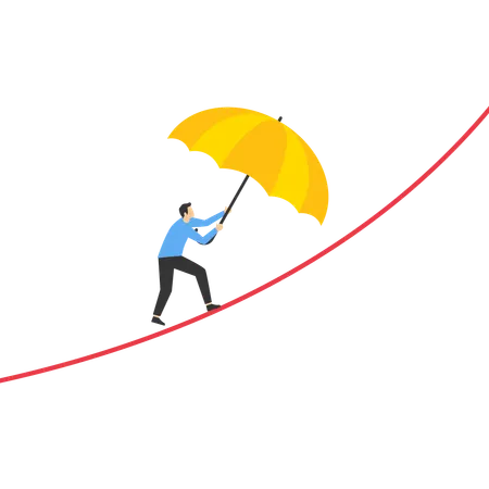 Young man in suit is walking on rope with an umbrella in his hand  Illustration