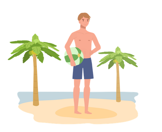 Young man in swim suit holding beach ball  Illustration