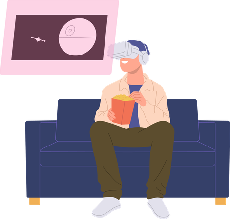 Young man in VR glasses enjoying movie about space sitting on home sofa coach  Illustration