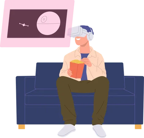 Young man in VR glasses enjoying movie about space sitting on home sofa coach  Illustration