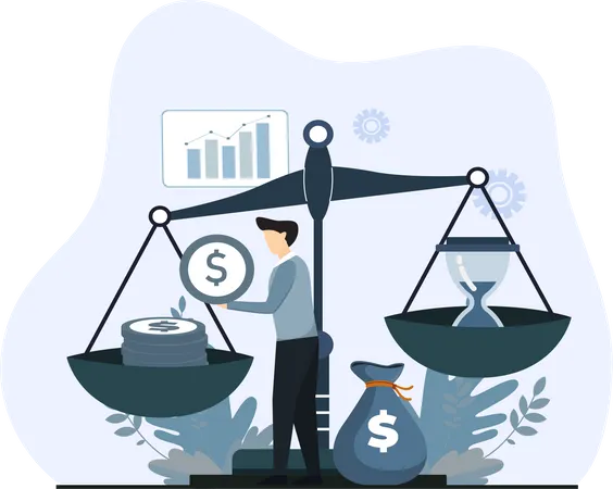 Young man increasing money in balance scale Illustration