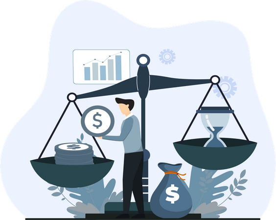 Young man increasing money in balance scale  Illustration