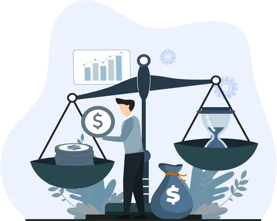 Young man increasing money in balance scale  Illustration