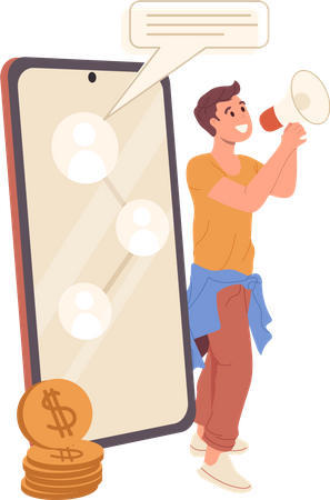 Young man influencer speaking in megaphone standing nearby smartphone and money coin stack  Illustration