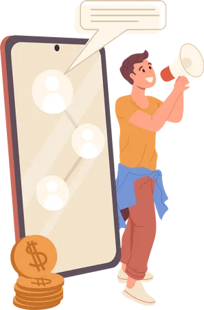Young Man Influencer Speaking In Megaphone Standing Nearby Smartphone Screen And Money Coin Stack Vector Illustration Digital Influence Marketing And Commercial Referral Program In Social Media Illustration