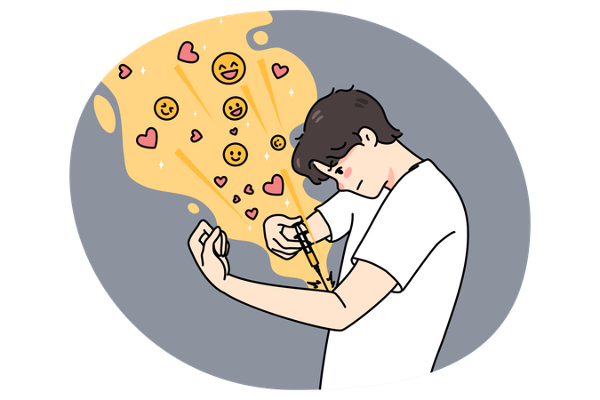 Young man inject likes and hearts with syringe  Illustration