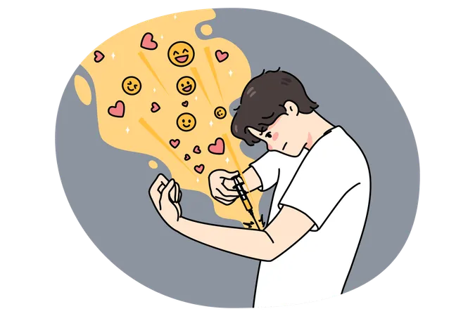 Young man inject likes and hearts with syringe  Illustration