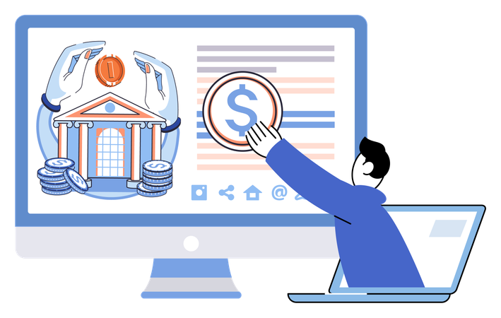 Young man investing money using online banking on laptop  Illustration