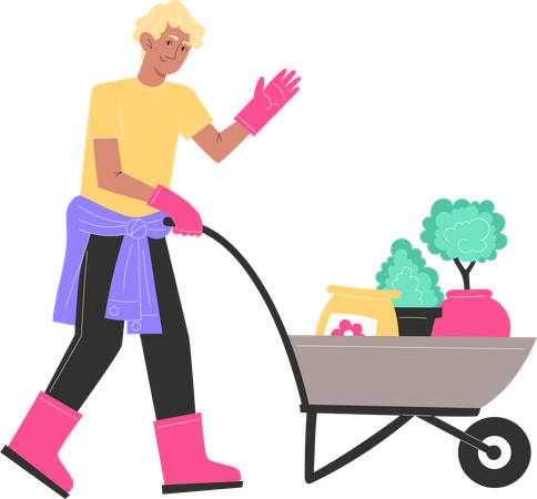 Young man is carrying a cart with potted plants and fertilizer  Illustration