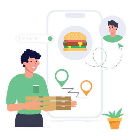 Young man is delivering food at given location  Illustration