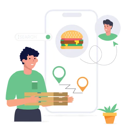 Young man is delivering food at given location  Illustration