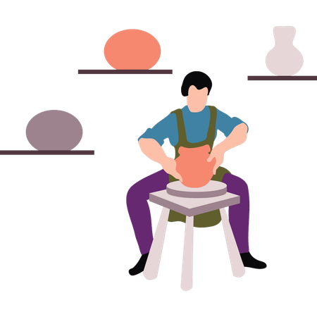 Young man is doing pottery work  イラスト