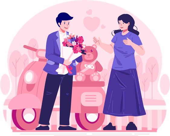 Young Man Is Giving a Bouquet of Flowers to His Girlfriend  Illustration