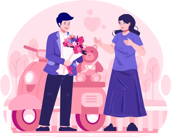A Young Man Is Giving A Bouquet Of Flowers To His Girlfriend Valentines Day Birthday Surprise On A Date Or Anniversary A Couple Having Romantic Dating Illustration