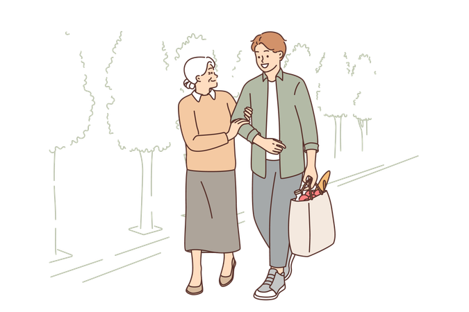 Young man is helping elderly woman  イラスト