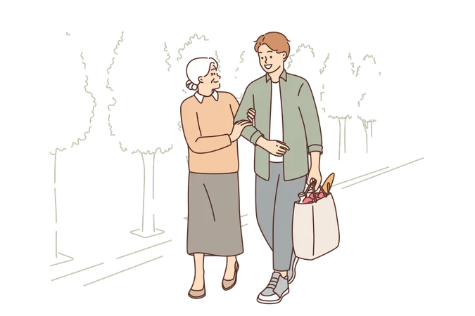 Young Man Helps Old Woman To Carry Heavy Bag From Grocery Store For Concept Of Respect For Pensioners Old Woman Walks Down Street With Grandson Carrying Package And Smiling Looks At Grown Guy Illustration