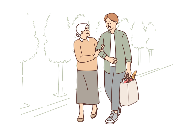 Young man is helping elderly woman  Illustration