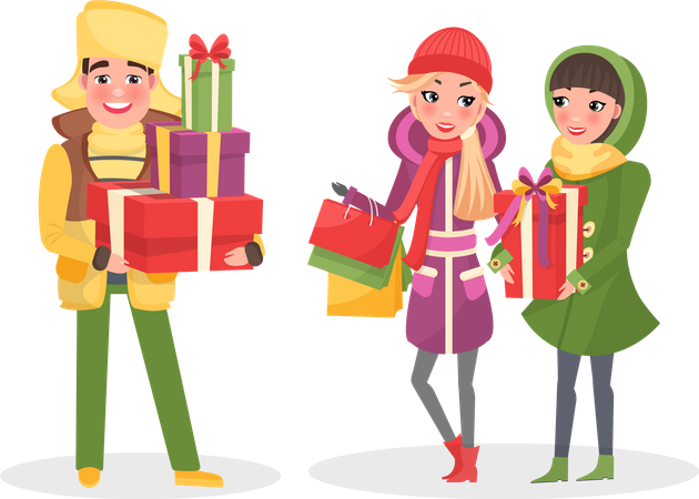 Young man is holding Christmas gifts  Illustration
