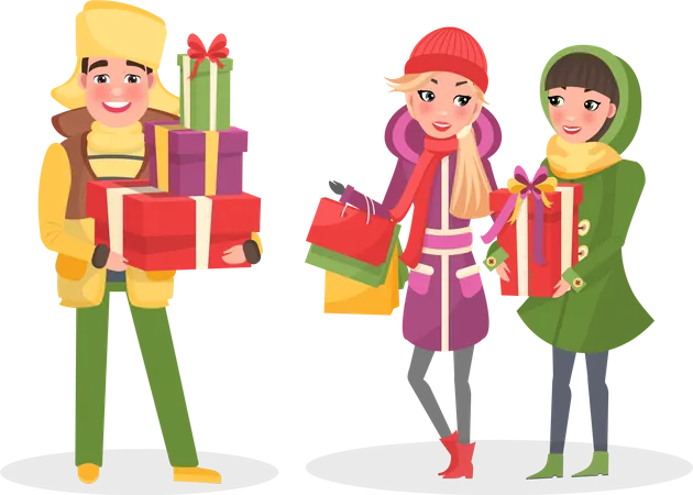 Christmas Shopping People With Paper Bags Walking Vector Man Holding Present Boxes Gifts To Family Women Friends Carrying Packages With Purchase Illustration