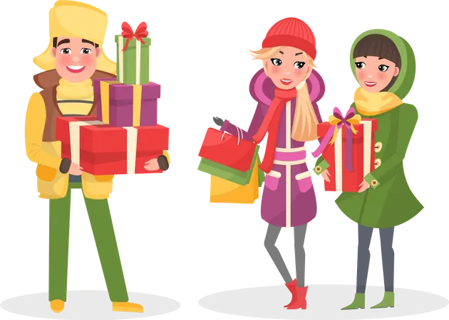 Young man is holding Christmas gifts  Illustration