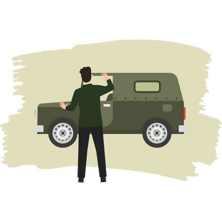 Young Man Is Looking At Army Jeep  Illustration