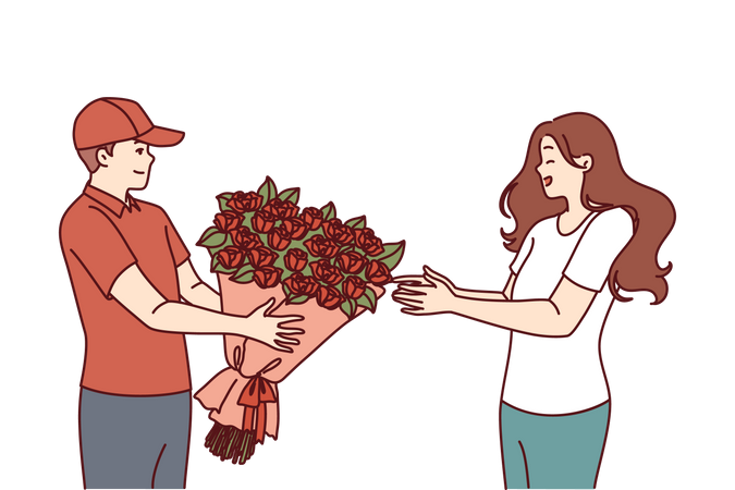 Young man is proposing young girl with flowers  일러스트레이션