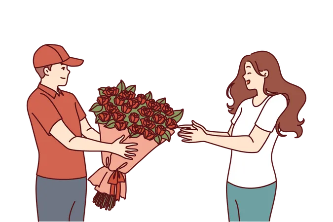 Young man is proposing young girl with flowers  Illustration