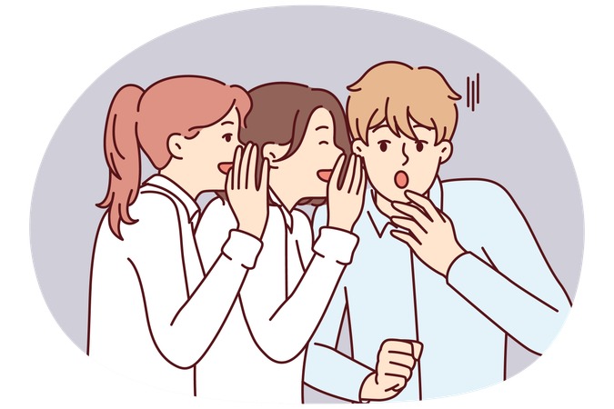 Young man is shocked by secret about colleagues or friends told by two girls  Illustration