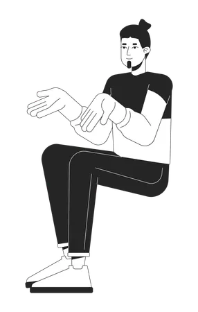 Young Man Shrugging Black And White 2 D Line Cartoon Character Rest Posture Sitting Caucasian Male Isolated Vector Outline Person Taking Part In Conversation Guy Monochromatic Flat Spot Illustration Illustration