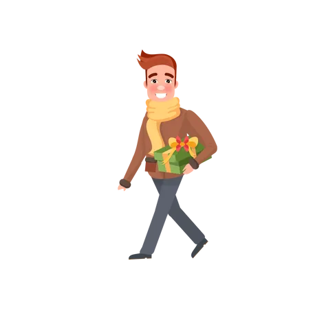Christmas Shopping Smiling And Going Man With Red Hair Green Present With Big Bow Yellow Scarf And Brown Sweater With Blue Trousers And Shoes Vector Illustration