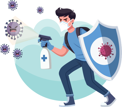 Young man is spraying disinfectant and holding a shield for protection.  Illustration