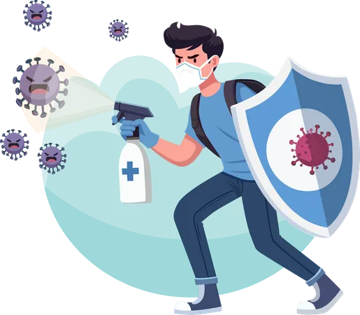 Young man is spraying disinfectant and holding a shield for protection.  Illustration