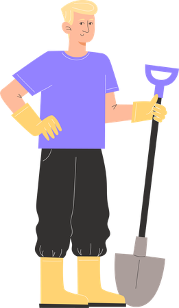 Young man is standing in gardening clothes and holding a spade  Illustration