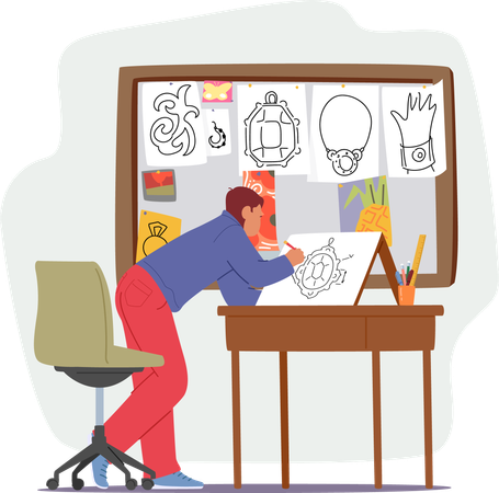 Young man jewelry designer creating blueprints for handmade jewelry drawing on canvas at workshop  Illustration