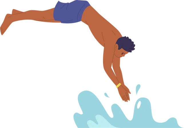 Young man jumping in water  イラスト
