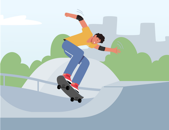 Young Man Jumping on Skateboard Training Extreme Stunts  Illustration