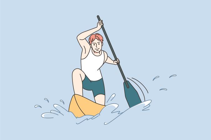 Young man kayaking in sea  Illustration