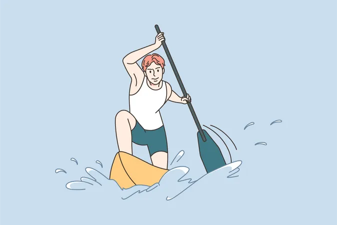 Young man kayaking in sea  Illustration