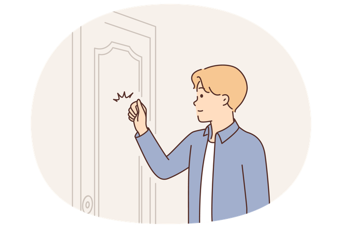 Young man knocks on door when comes to visit friend or company office to get job  Illustration