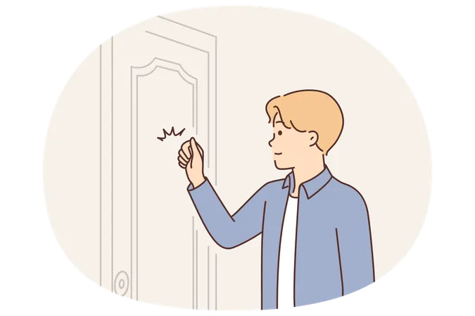 Young man knocks on door when comes to visit friend or company office to get job  Illustration
