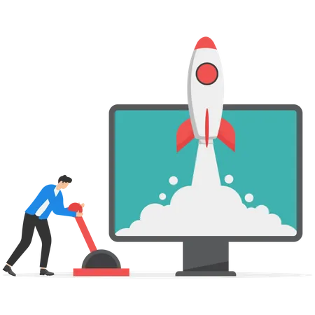 Businessmen Launch Rockets Business Startup Launching Products With Rocket Symbols Start Up Concept Vector Illustration Illustration